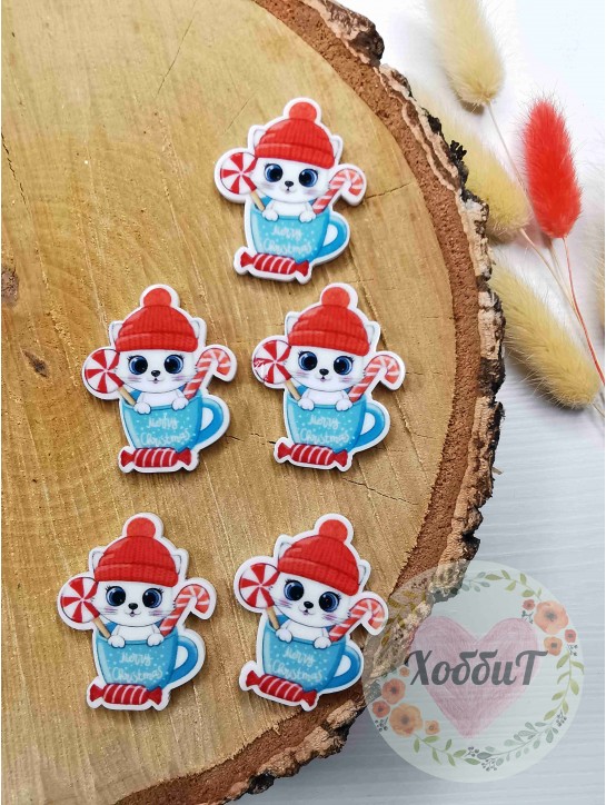 Кабошон-вырубка "Котенок в кружке с конфетками" 2,8*3,5см. №8